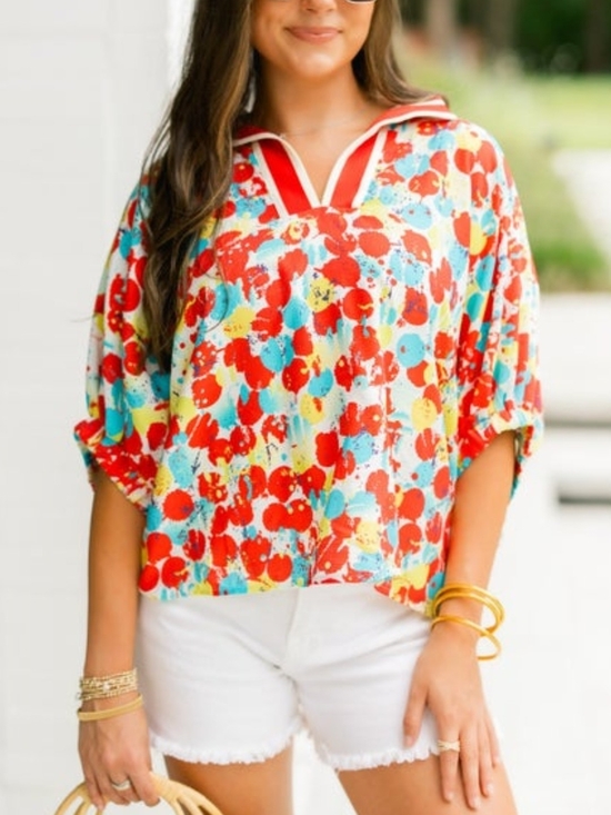 entro Tops - entro Red Multi Floral V-Neck Roll-Sleeve Tunic